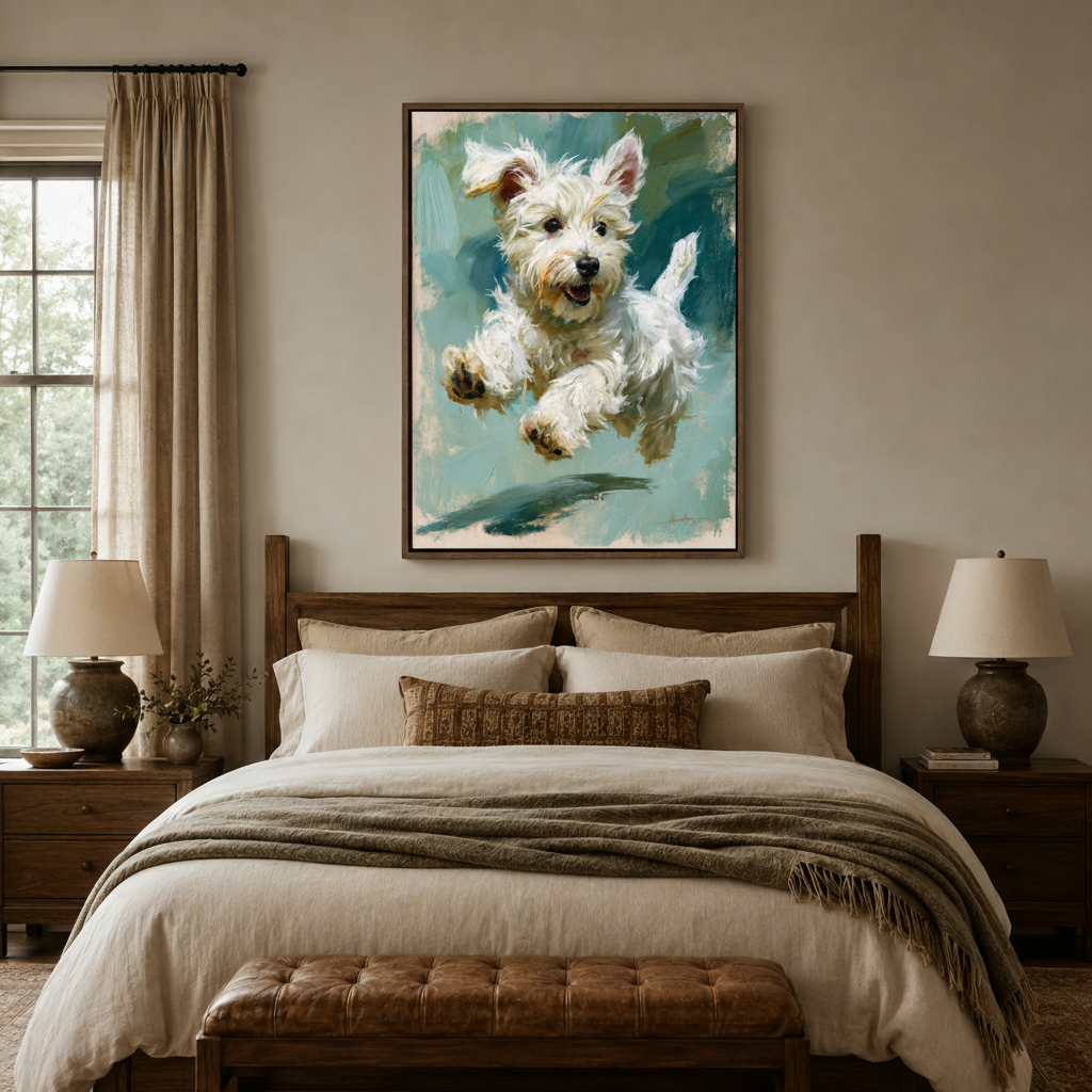 Playful Westie dog canvas painting above farmhouse bed in cozy warm-toned bedroom decor