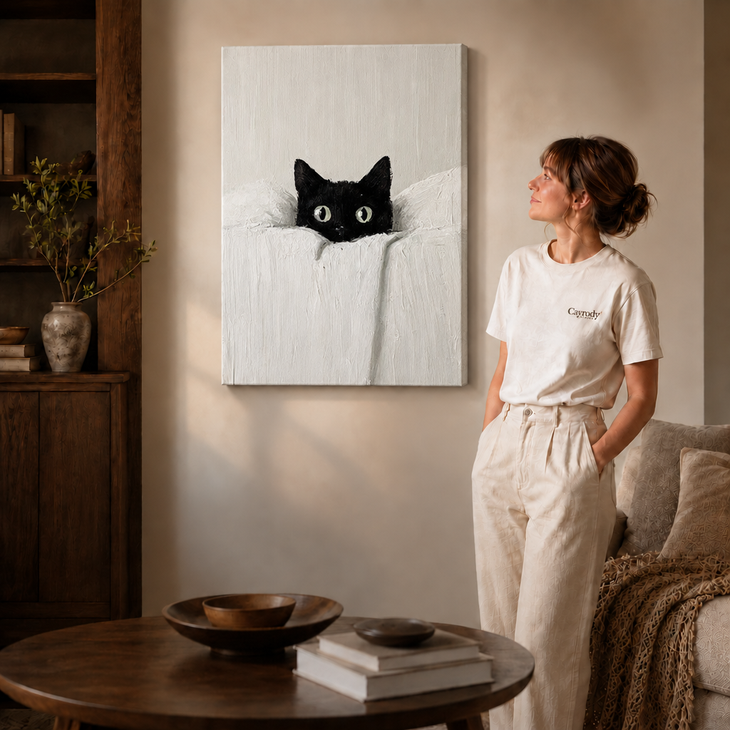 Unframed black cat canvas brings a playful accent to a living room with a woman in white and sofa.
