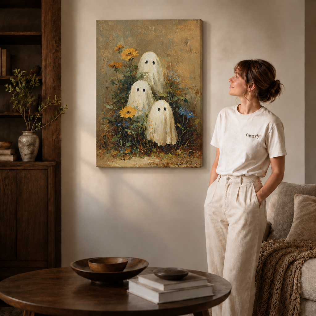 Whimsical ghost garden artwork on a gallery-wrapped canvas beside dark shelving, a round table, and standing figure.
