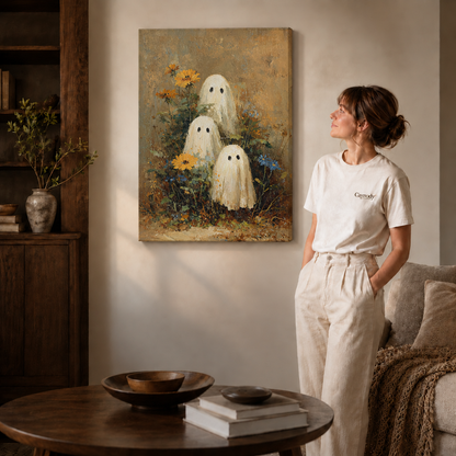 Whimsical ghost garden artwork on a gallery-wrapped canvas beside dark shelving, a round table, and standing figure.