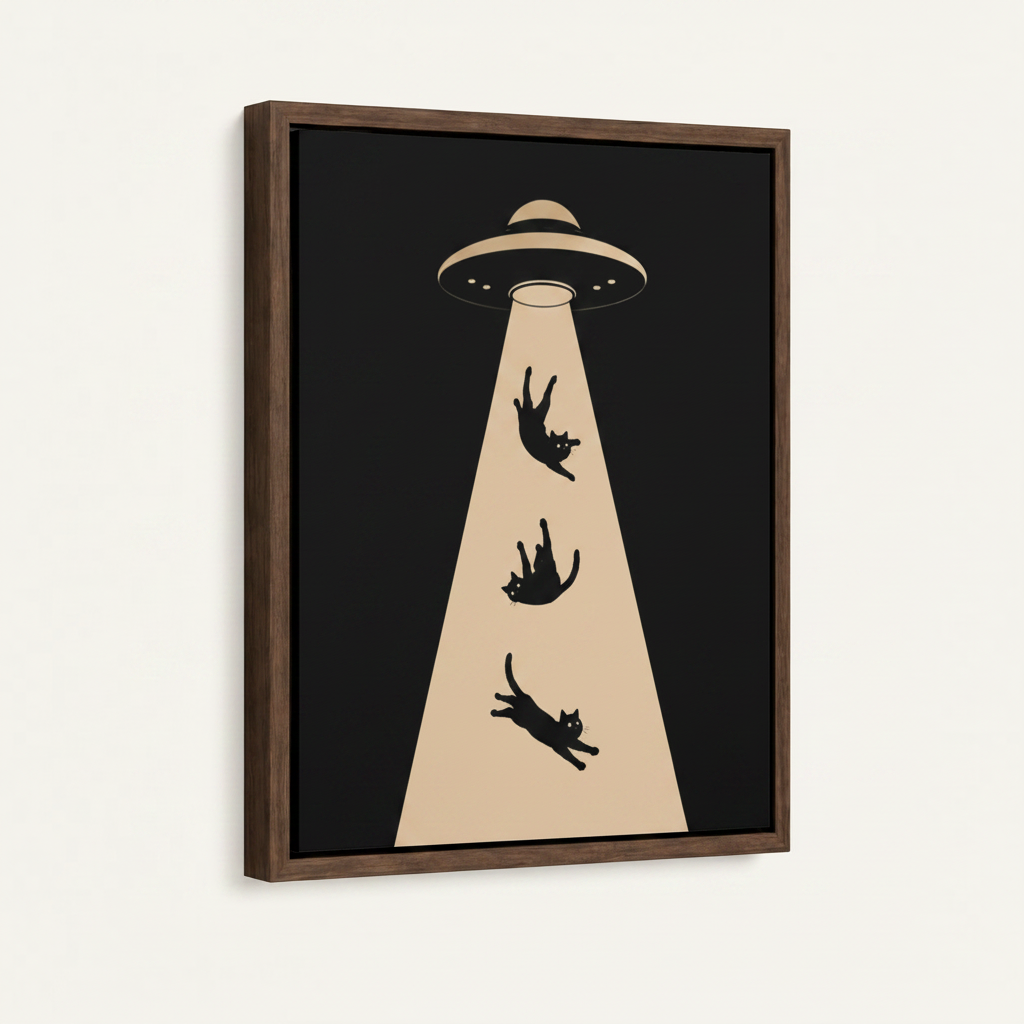 Framed UFO abducting cats minimalist wall art in dark walnut float frame, angled product view