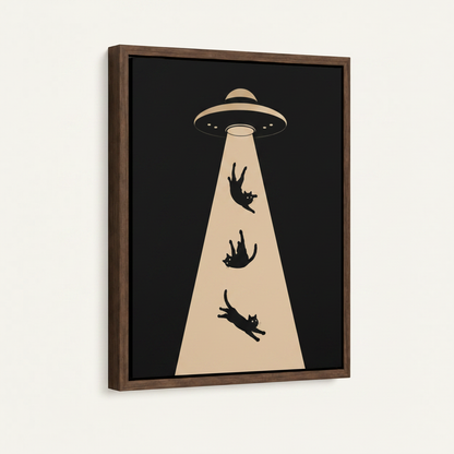 Framed UFO abducting cats minimalist wall art in dark walnut float frame, angled product view