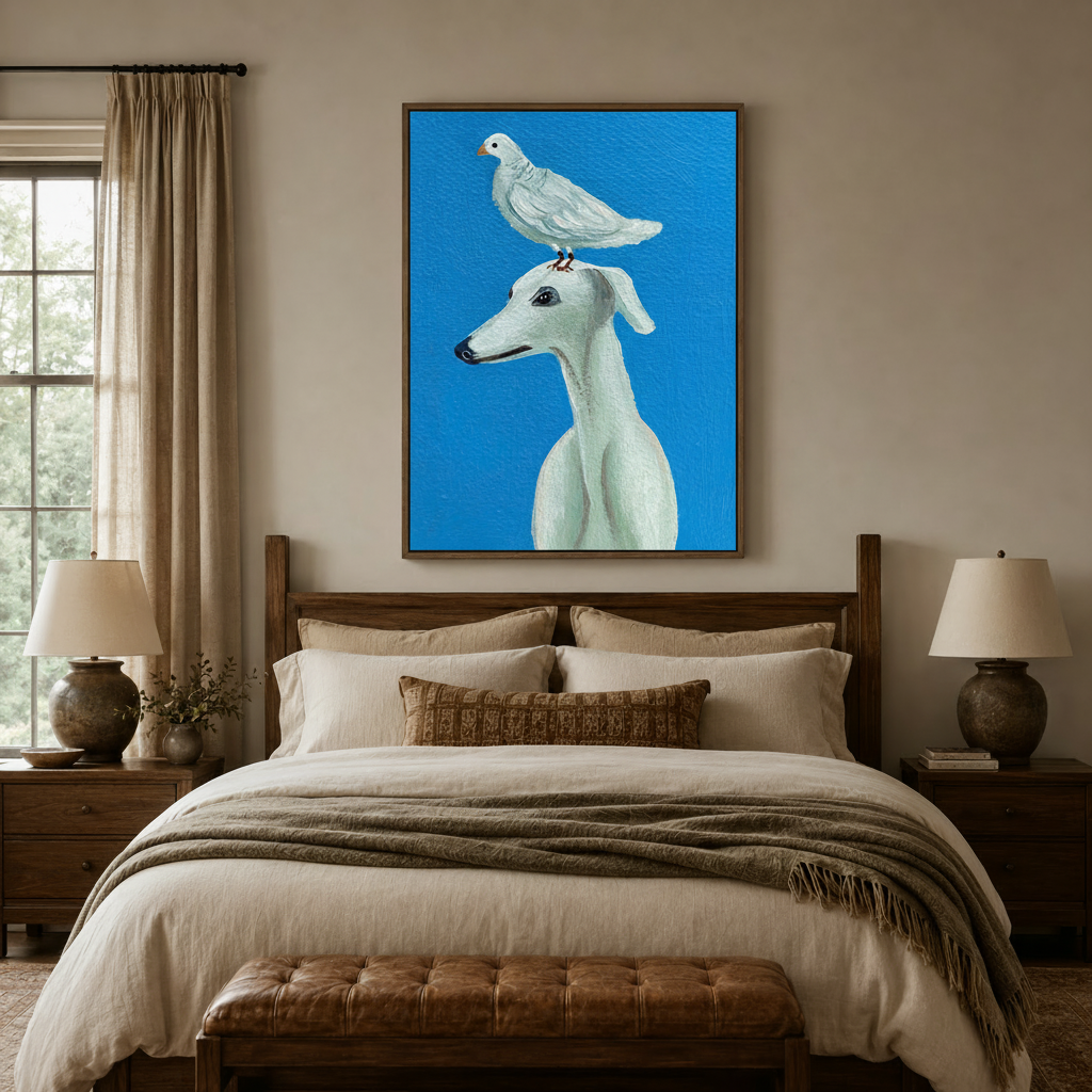 Whimsical dog and bird canvas art in wooden frame above bed in neutral bedroom setting