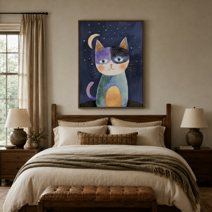Folk art illustrated cat wall art in dark walnut frame above bed in warm earthy bedroom