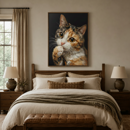 Calico cat portrait above a wooden bed headboard in a cozy neutral bedroom, moody dark background brushwork