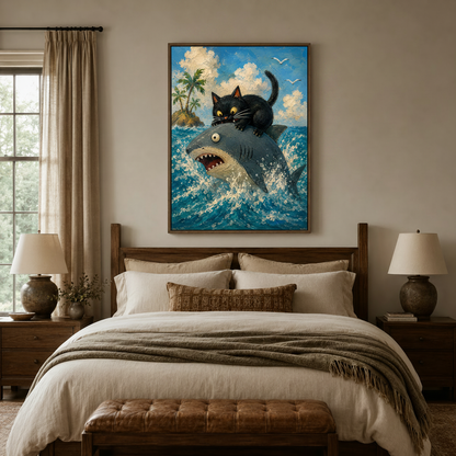 Bold black cat riding shark impasto oil painting canvas art in dark walnut frame above linen bed in cozy bedroom