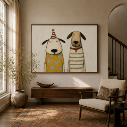 Folk art two dogs framed canvas print displayed in a warm entryway with arched doorway and earth-tone decor