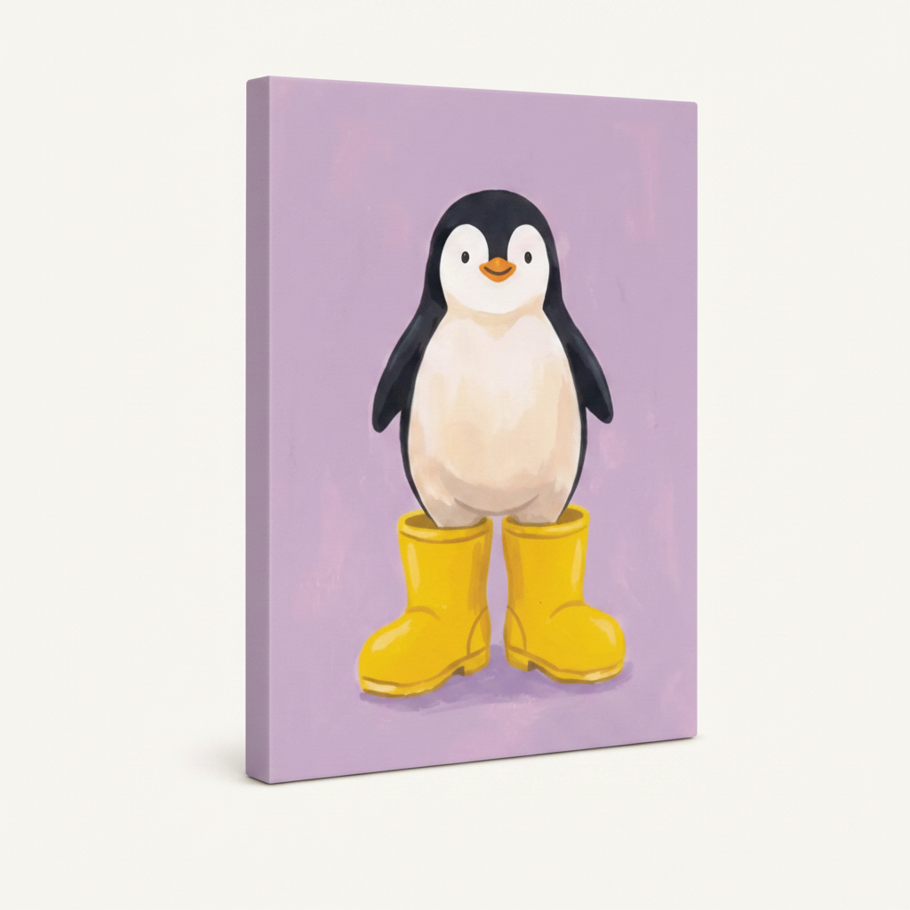 Gallery-wrapped cute penguin rain boots 3D canvas showing soft purple wrap edges, no frame, 3/4 angle