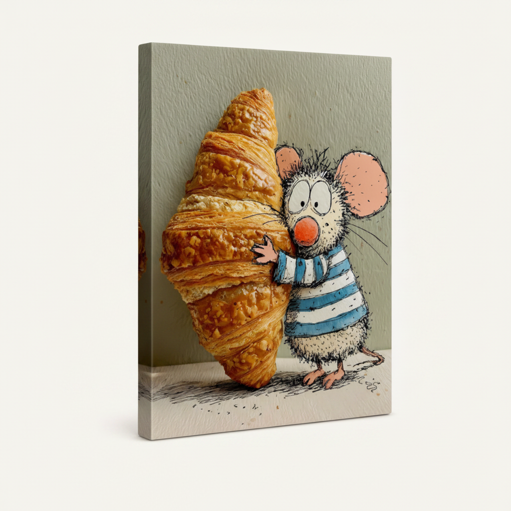 Gallery-wrapped funny mouse croissant canvas with wrap edges visible, no shadow on off-white background