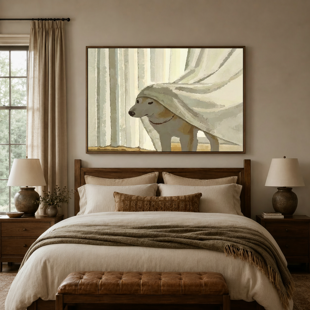 Minimalist dog canvas wall art above a neutral-toned bedroom bed with linen curtains and ceramic table lamps