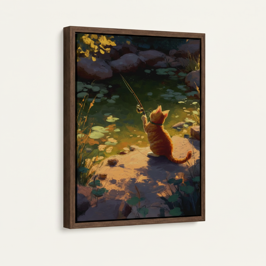 Framed cat fishing canvas print in dark walnut float frame angled product view
