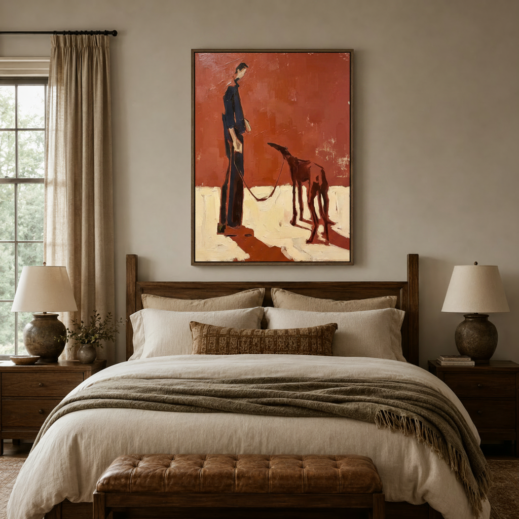  Figurative navy and terracotta canvas art of person walking greyhound displayed above a linen bed in a cozy bedroom