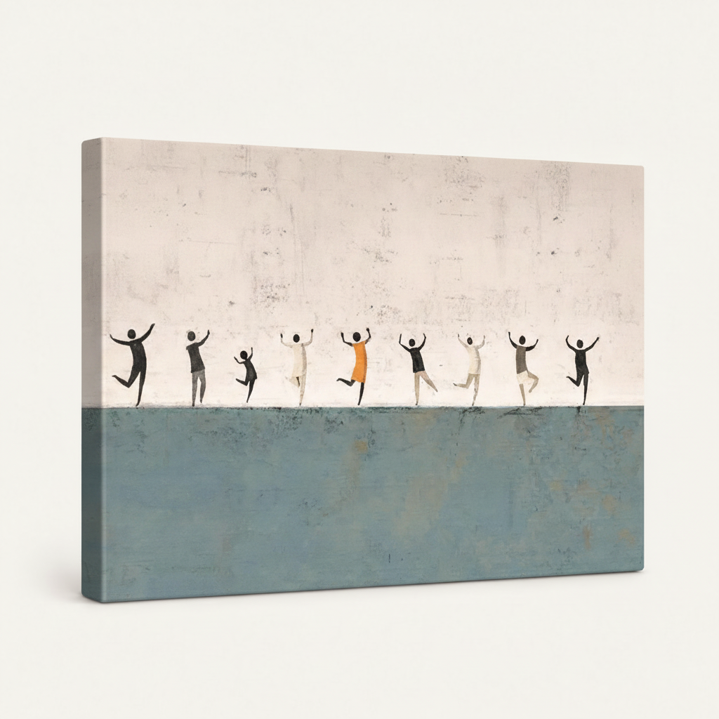 Gallery-wrapped abstract dancing people canvas side view showing steel blue and off-white edge wrap