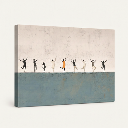 Gallery-wrapped abstract dancing people canvas side view showing steel blue and off-white edge wrap