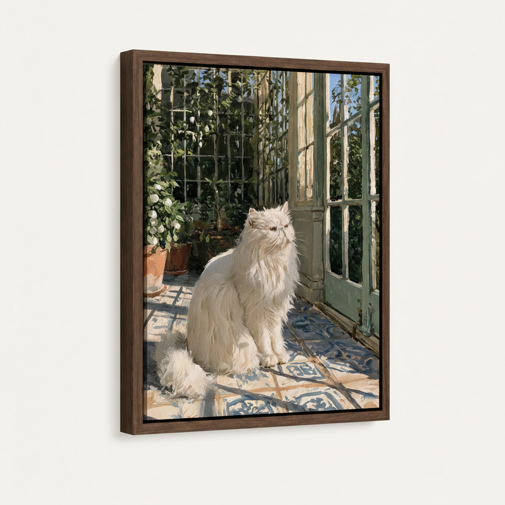  White Persian cat greenhouse framed canvas print with dark walnut float frame on white background, angled view