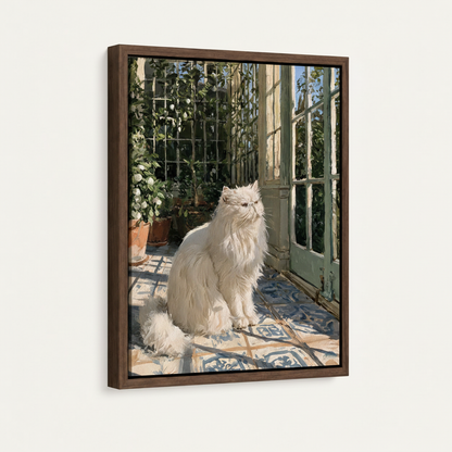  White Persian cat greenhouse framed canvas print with dark walnut float frame on white background, angled view