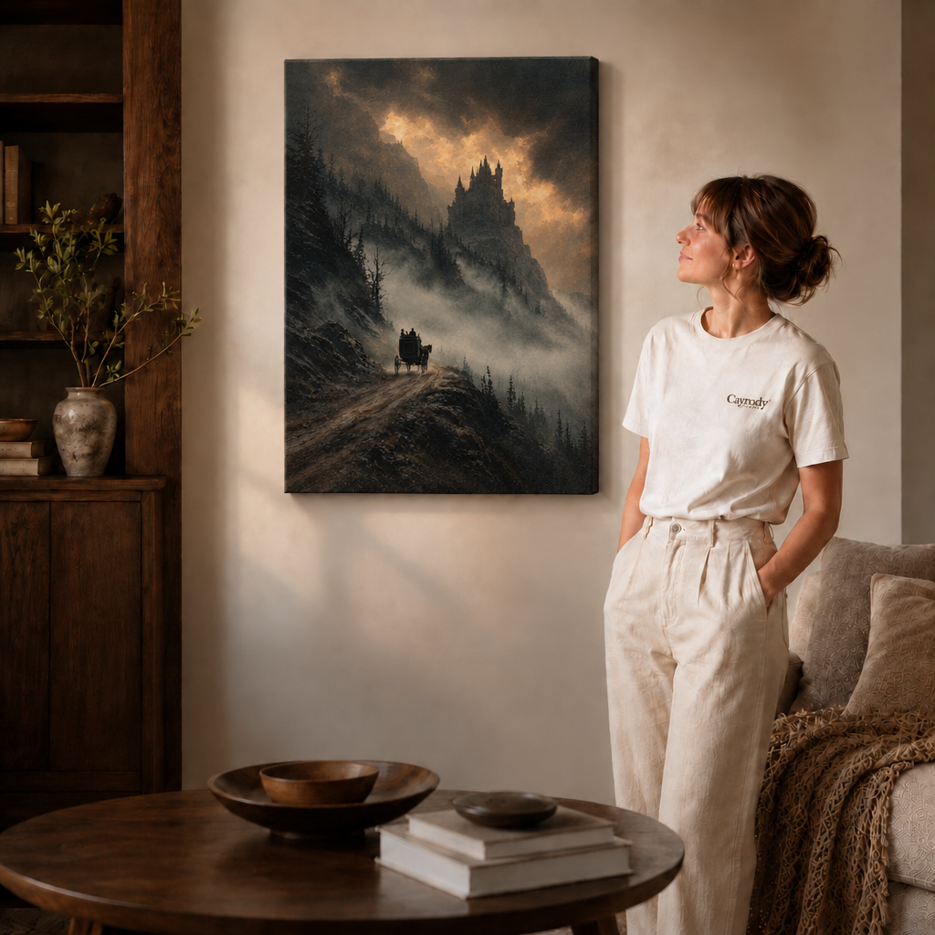Gothic castle canvas wall art in a black frame beside a woman dressed in white.