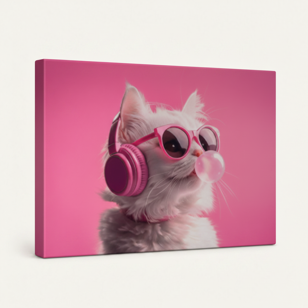 Gallery wrapped cool cat pink headphones canvas side view hot pink background wrapping edges no frame