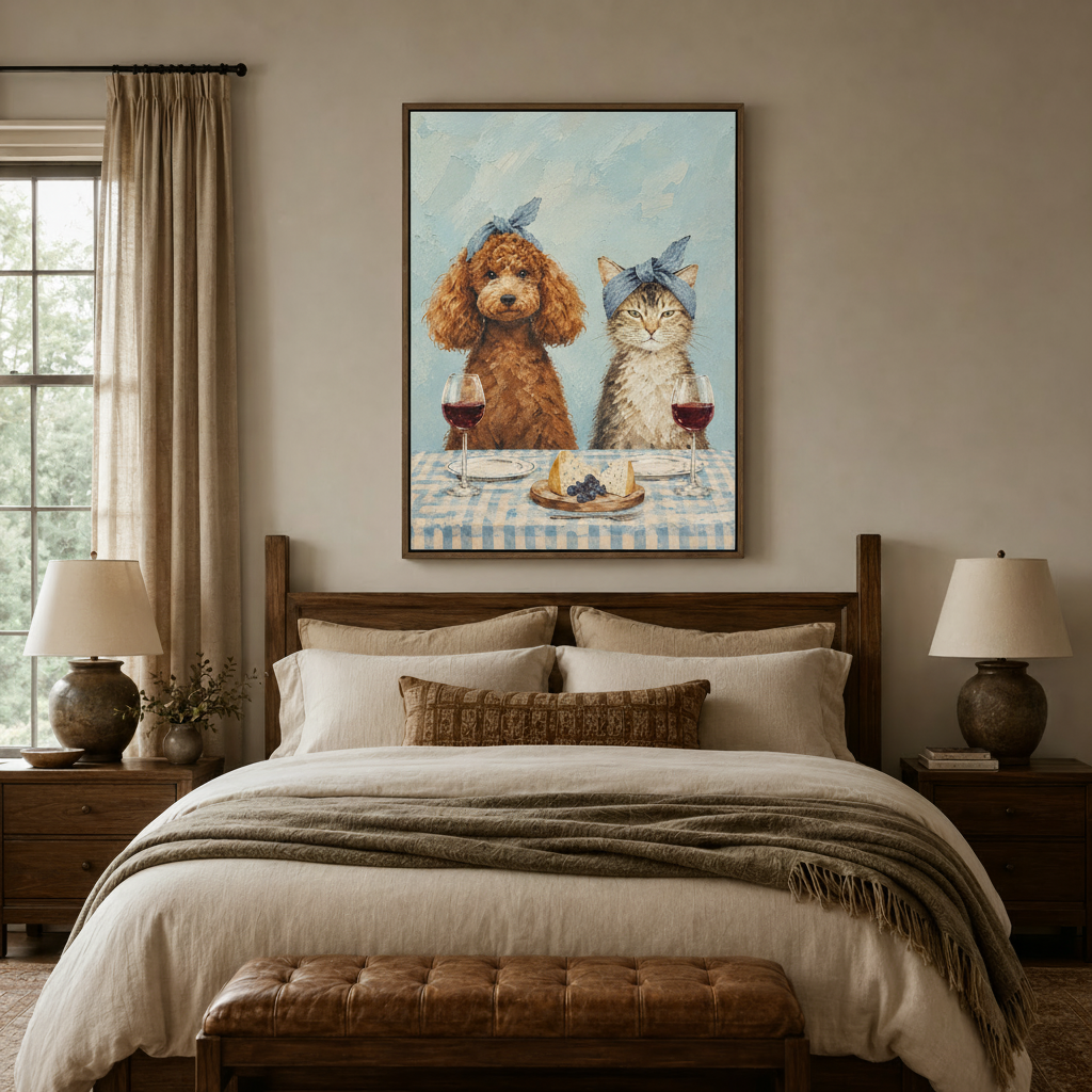 Funny pet portrait canvas in float frame above bedroom headboard in cozy bedroom
