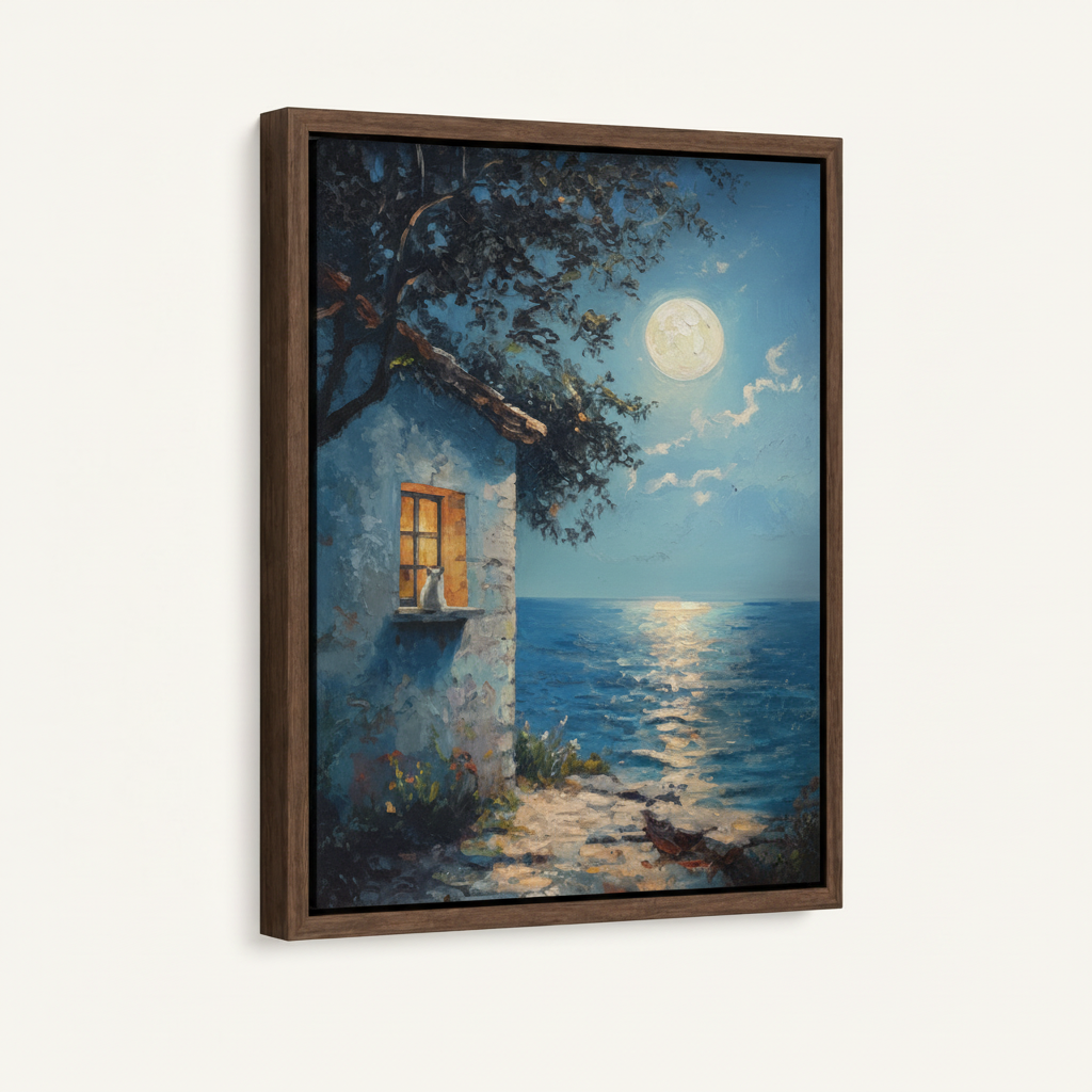 Impressionist moonlit cat portrait canvas in dark walnut float frame, 3/4 angle view on white background