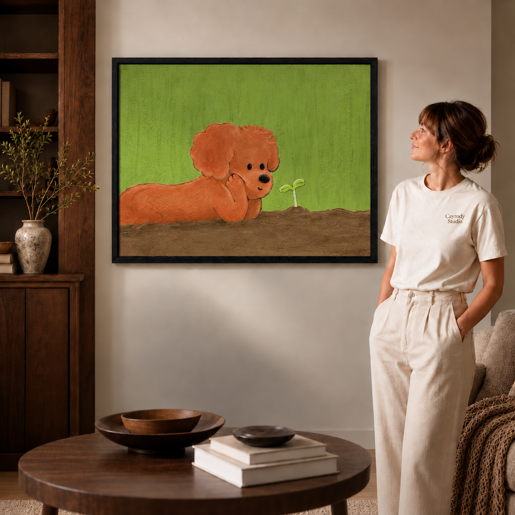 Whimsical dog wall art print with green and earthy tones, staged on a wall to show its cozy home placement.