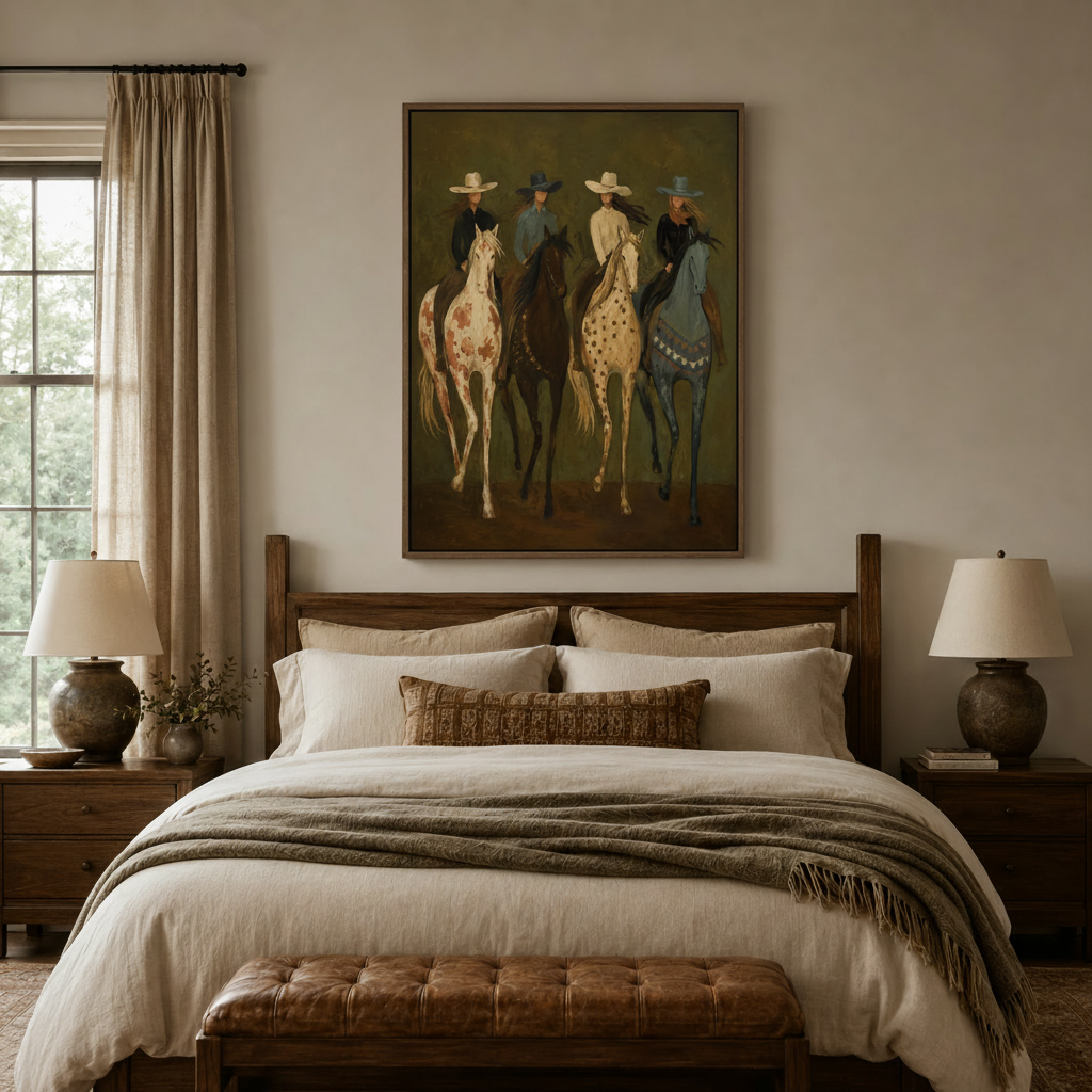 Bold western cowgirl wall art above dark wood bed frame in cozy neutral-toned bedroom