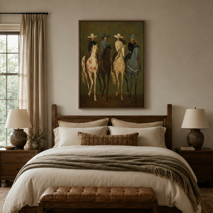 Bold western cowgirl wall art above dark wood bed frame in cozy neutral-toned bedroom