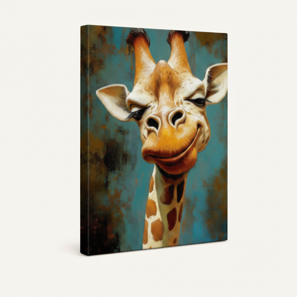 Gallery-wrapped funny giraffe canvas wall art, thick dark wrap edges visible, clean white background