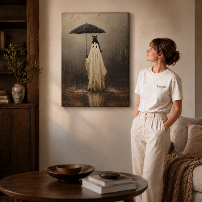 Unframed ghost and black cat canvas showing a rainy umbrella scene beside a woman in white.