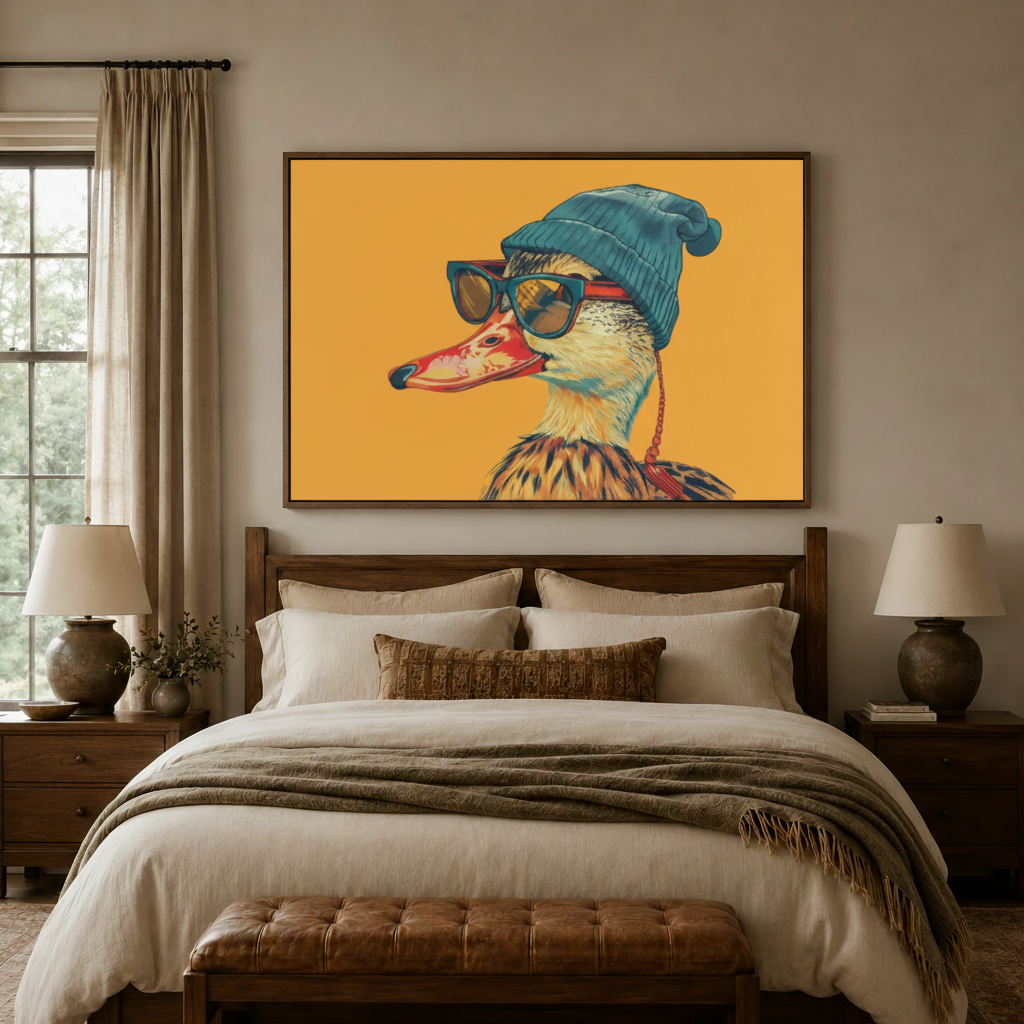 Bold pop art duck canvas in thin gallery frame above dark walnut bed in cozy master bedroom