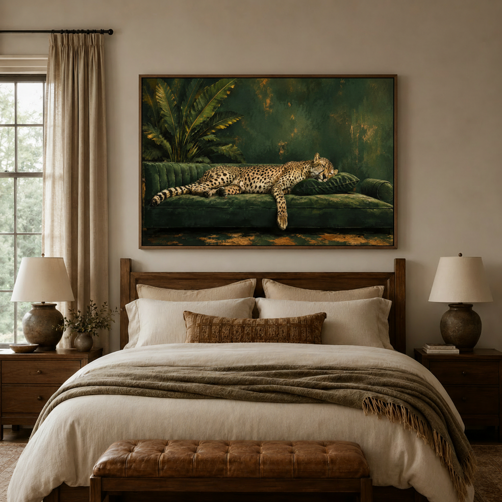 Bold animal wall art cheetah canvas print displayed above bed in cozy neutral bedroom interior