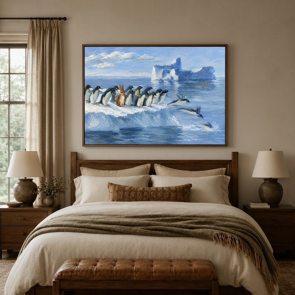 Blue penguin iceberg canvas art displayed above a wooden bed with warm bedside lamps