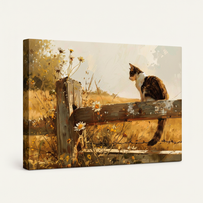 Gallery wrapped cat fence golden meadow impressionist canvas side view warm amber tones wrapping edges