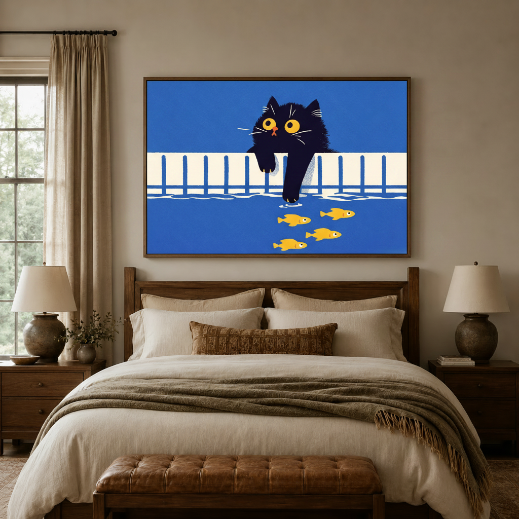Playful black cat illustration canvas above a wooden bed headboard in a warm neutral bedroom