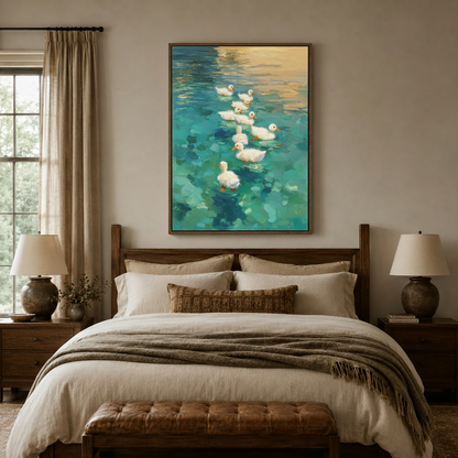 Turquoise water duck canvas print above a walnut bed frame in a neutral linen bedroom