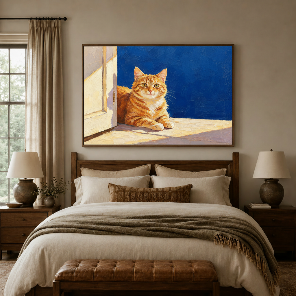 Orange cat oil painting displayed above a cozy neutral bedroom