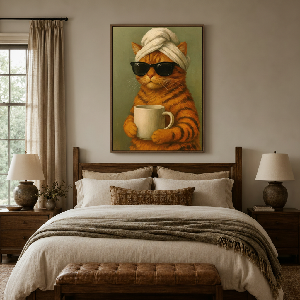 Cool cat with towel turban and sunglasses oil painting framed above a bed in a cozy bedroom