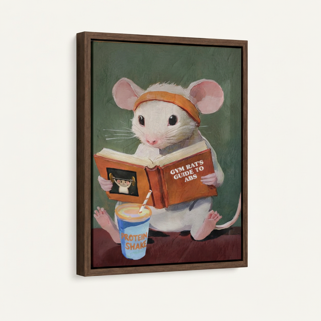 Framed funny fitness mouse canvas art dark walnut floating frame angled product mockup view