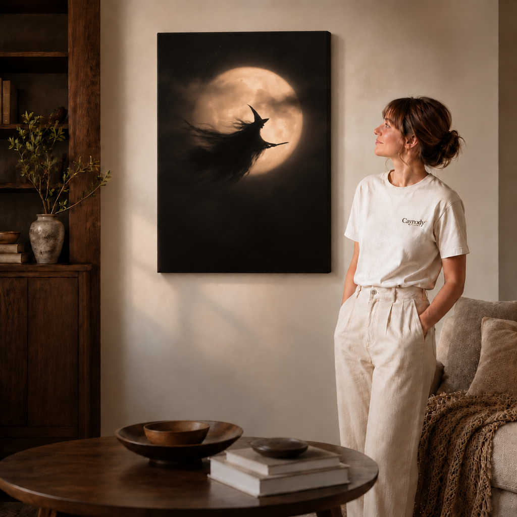 Minimalist moonlit witch silhouette canvas displayed in a contemporary living room.