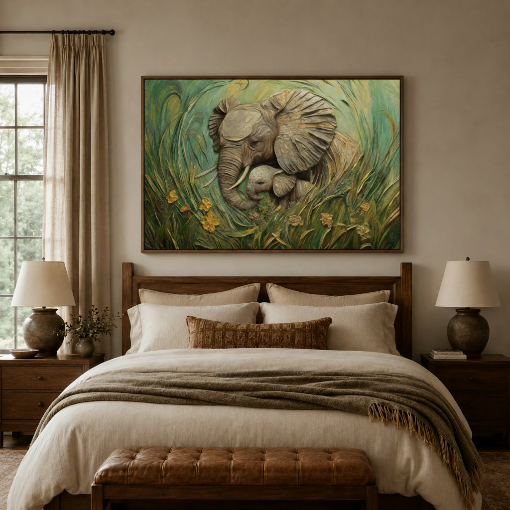 Framed elephant canvas wall art centered above a bed headboard in a cozy bedroom setting