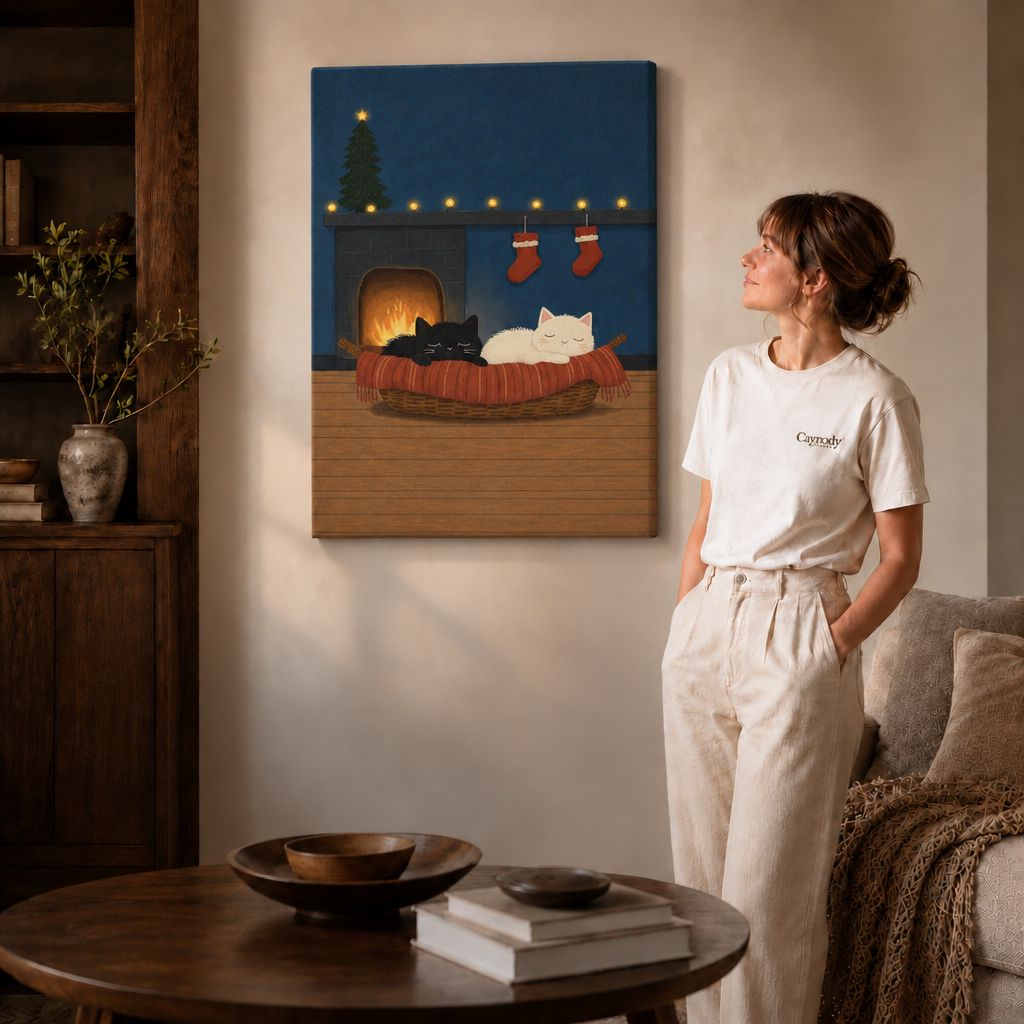 Gallery-wrapped Christmas cats canvas with stockings and a fireplace beside a woman in white.