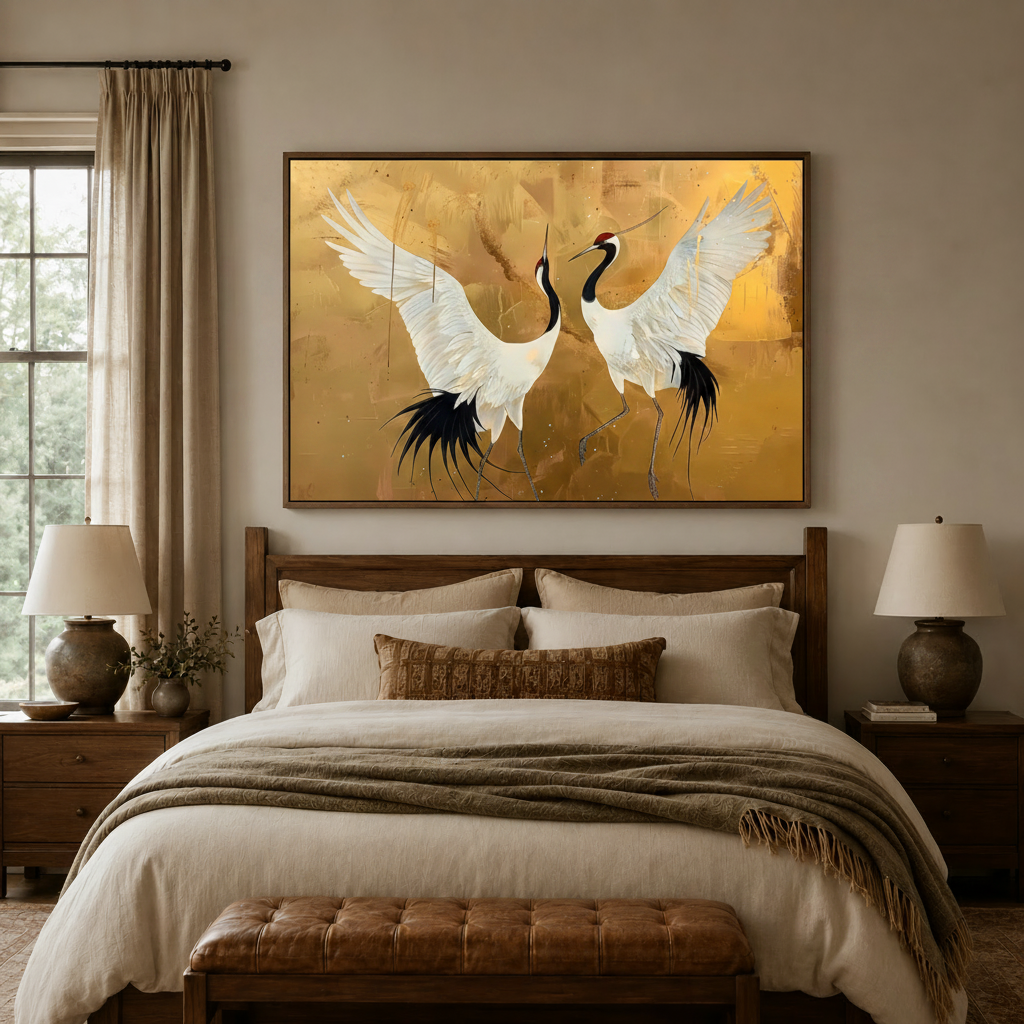 Red-crowned cranes painting canvas print above bed in cozy neutral bedroom with ceramic lamps