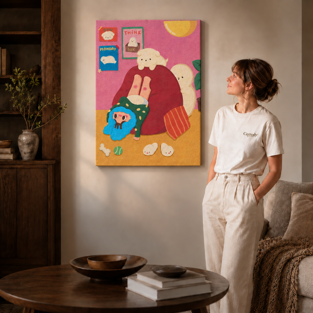 Gallery-wrapped playful pet canvas with pink walls and a yellow lamp beside a woman in white.