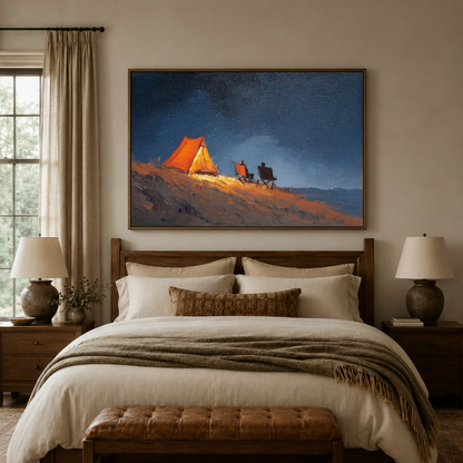 Painterly camping landscape canvas wall art hanging above a dark wood bed in a serene bedroom