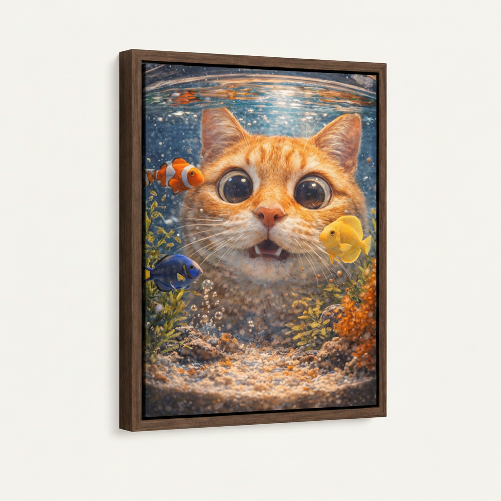 Framed canvas print with dark walnut float frame featuring orange tabby cat staring up from fishbowl