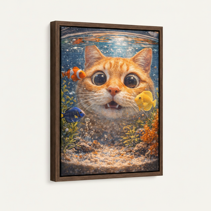 Framed canvas print with dark walnut float frame featuring orange tabby cat staring up from fishbowl