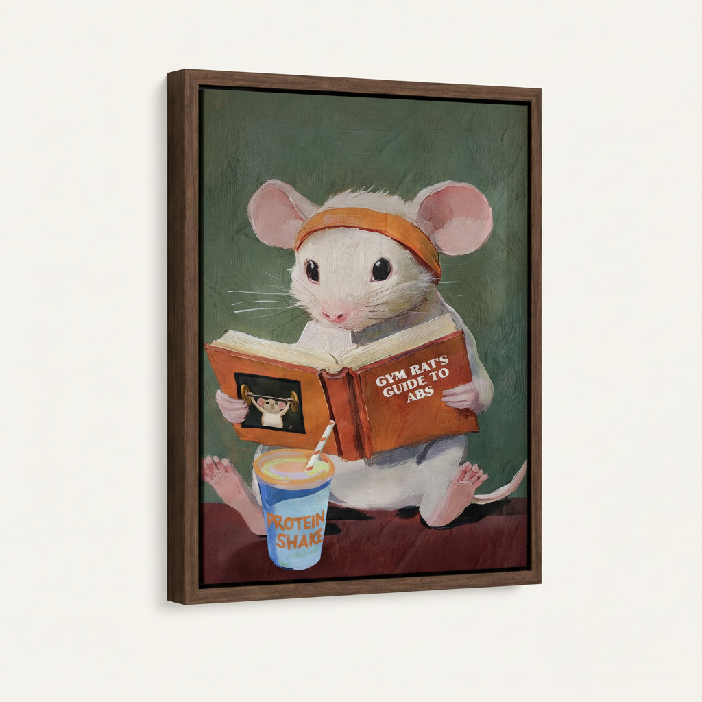 Framed funny fitness mouse canvas art dark walnut floating frame angled product mockup view