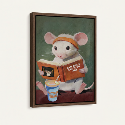 Framed funny fitness mouse canvas art dark walnut floating frame angled product mockup view