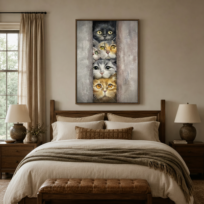 Five cats peeking through narrow gap watercolor canvas art in dark walnut frame above linen bed in cozy bedroom