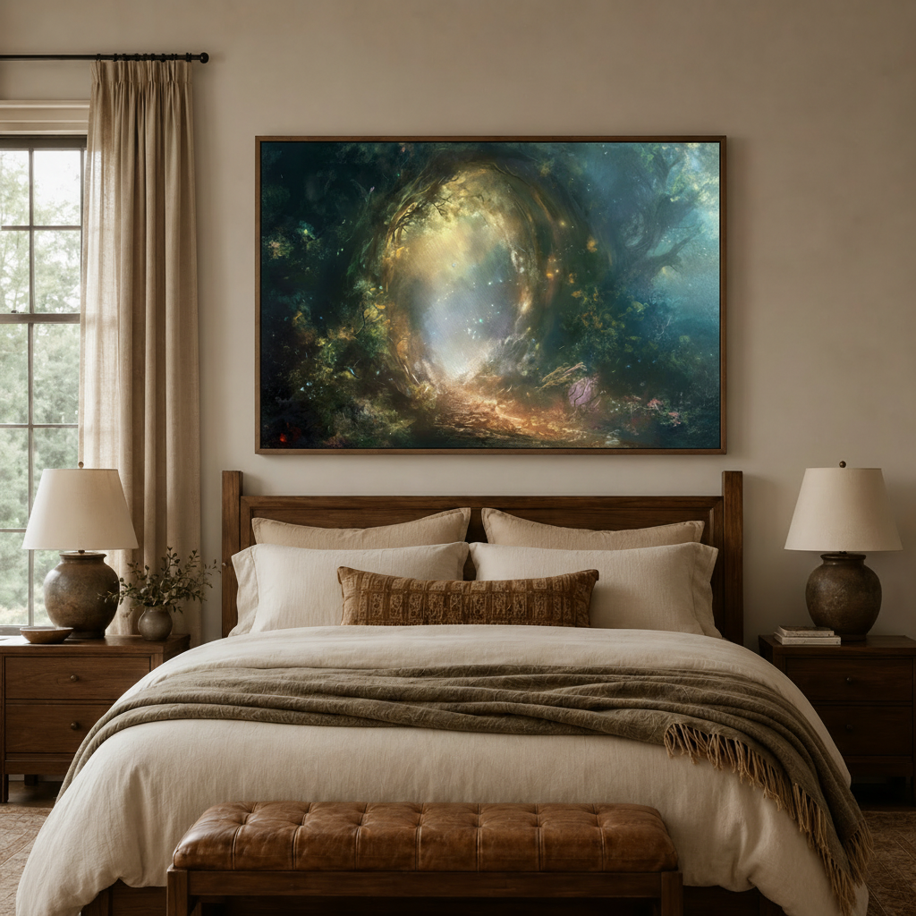 Mystical forest portal wall art centered above bed in warm-toned bedroom with linen bedding